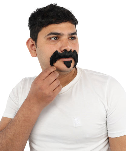 HPO Men’s Bold Horseshoe Mustache with Chin Beard Set – Flame-retardant Synthetic Fiber Fake Facial Hair | Ideal for Halloween Parties, Cowboy, Police Roleplay and Themed Events