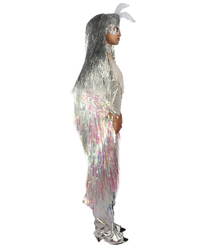 HPO Unisex Silver Holographic Long Tinsel Jacket Costume Bundle with Silver Tinsel Wig