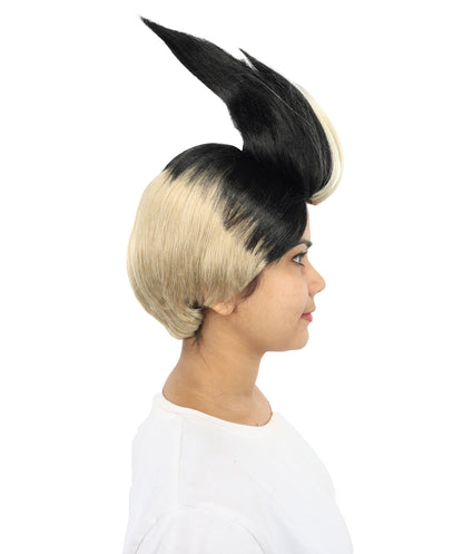 HPO Women's Spiky Black & Blonde Anime Wig | Layered Fantasy Cosplay Hairpiece with High Volume Style for Halloween, Roleplay &  Events