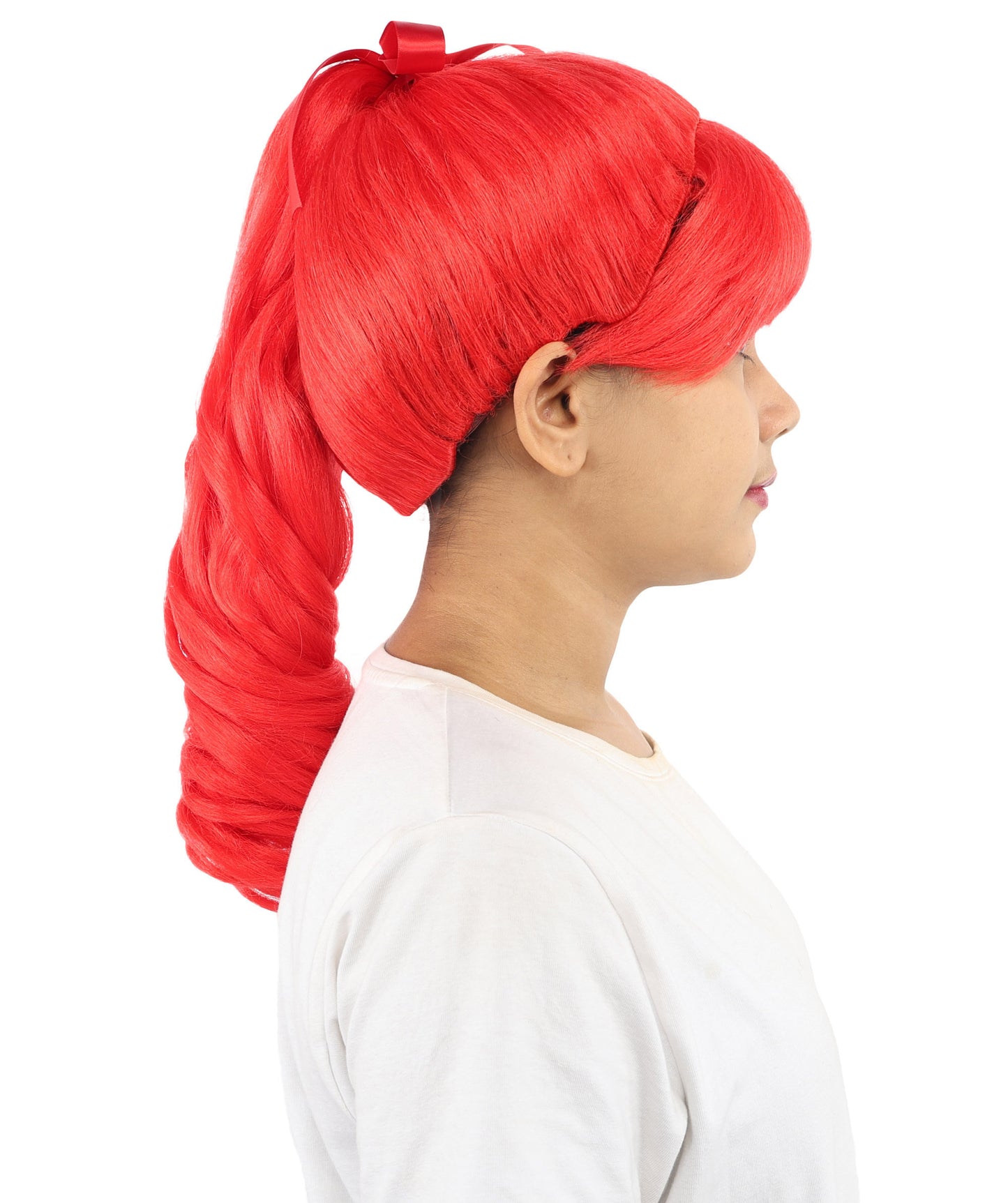 HPO Women's Spiral Ponytail Wig | Multicolor Options | High Updo with Red Ribbon Bow & Bangs, Heat Friendly Synthetic Fiber & Breathable Cap | Halloween, Christmas Event, Themed Party, Theater & Roleplay
