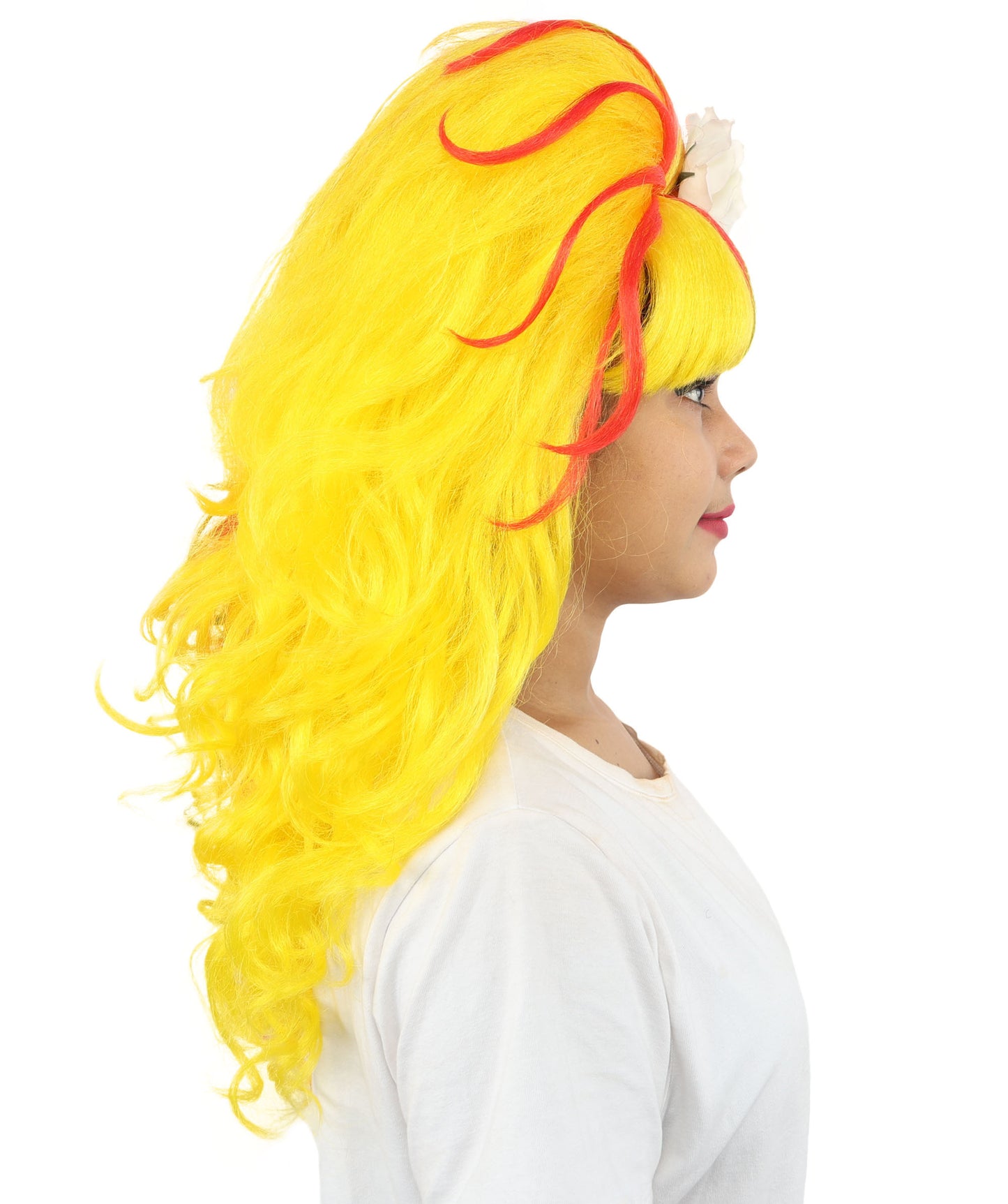 HPO Women's Split Style Glamour Red & Yellow Wig | Long curly synthetic fibers with big teased volume blunt bangs and capless base | Essential for theatrical stage drag performance costume events and party