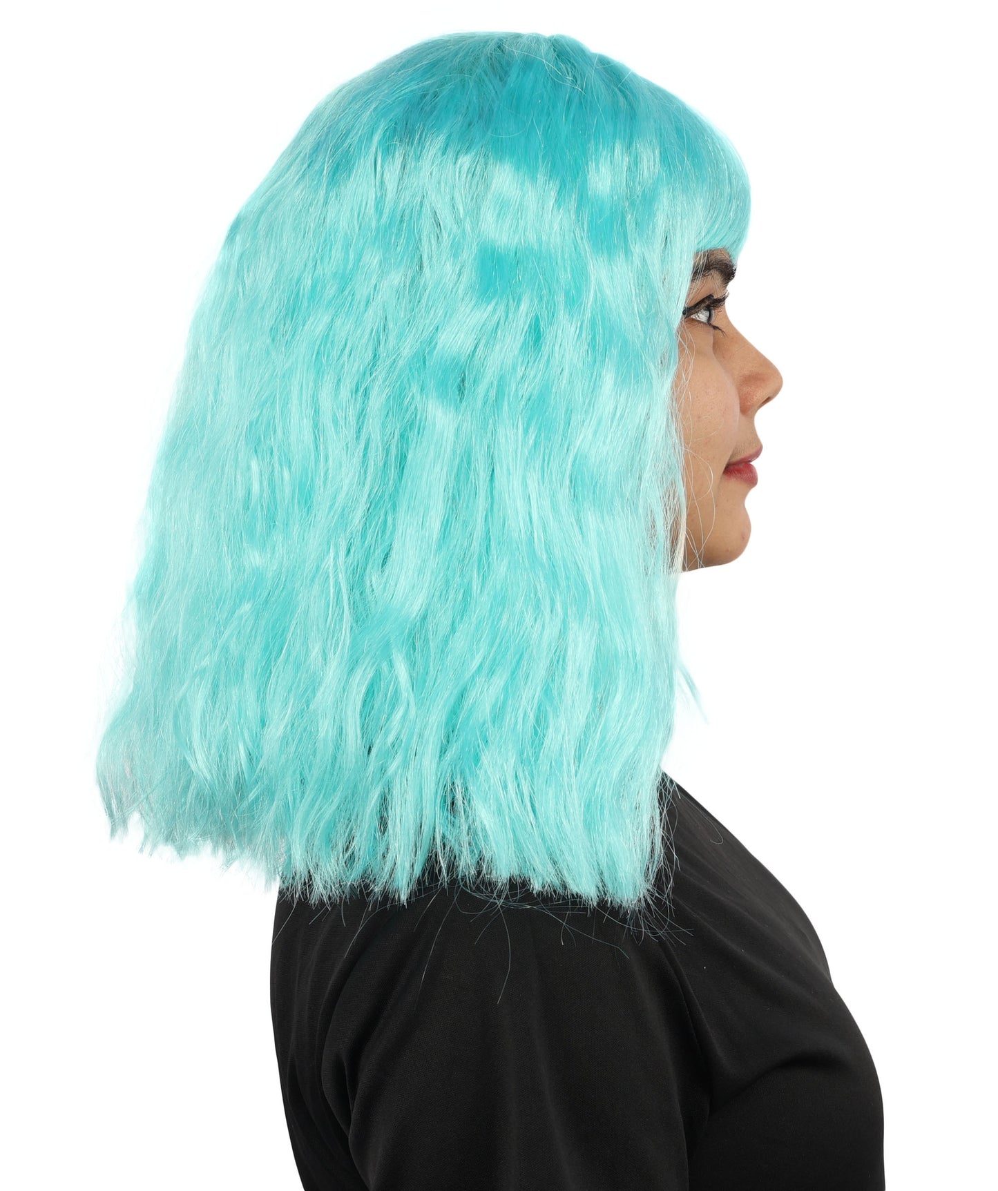 HPO Women's Short Wavy Bob wig | Vibrant aqua cyan, created of flame-retardant synthetic fiber, thick layered texture, breathable cap | Cosplay, drag, performance, themed events