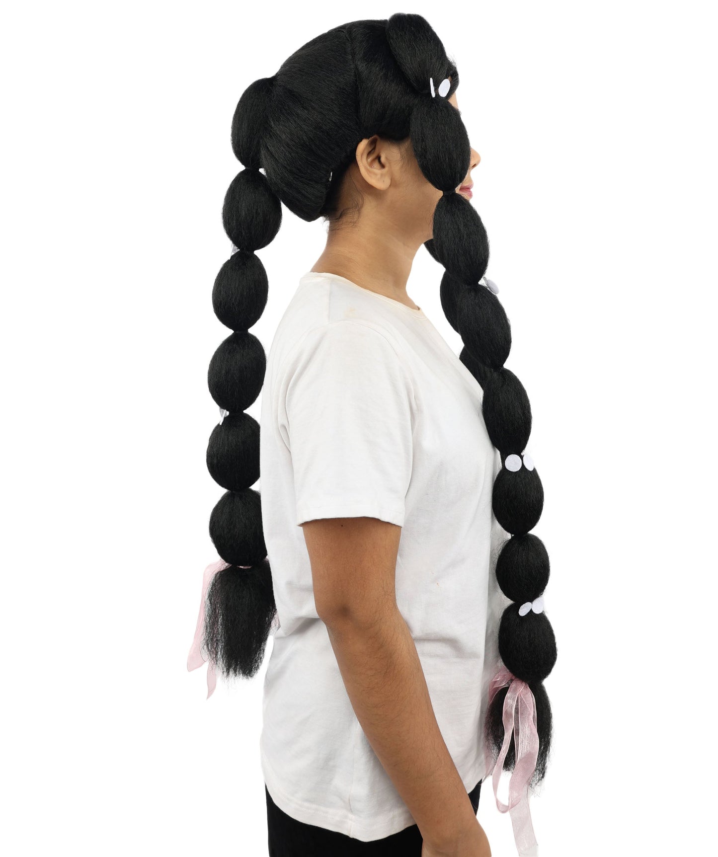 Adult Women's Celebrity-Inspired Black Triple Braid Wig | Extra Long Braided Hairpiece with Clips & Ribbons | Ideal for Styled Looks, Halloween and Cosplay