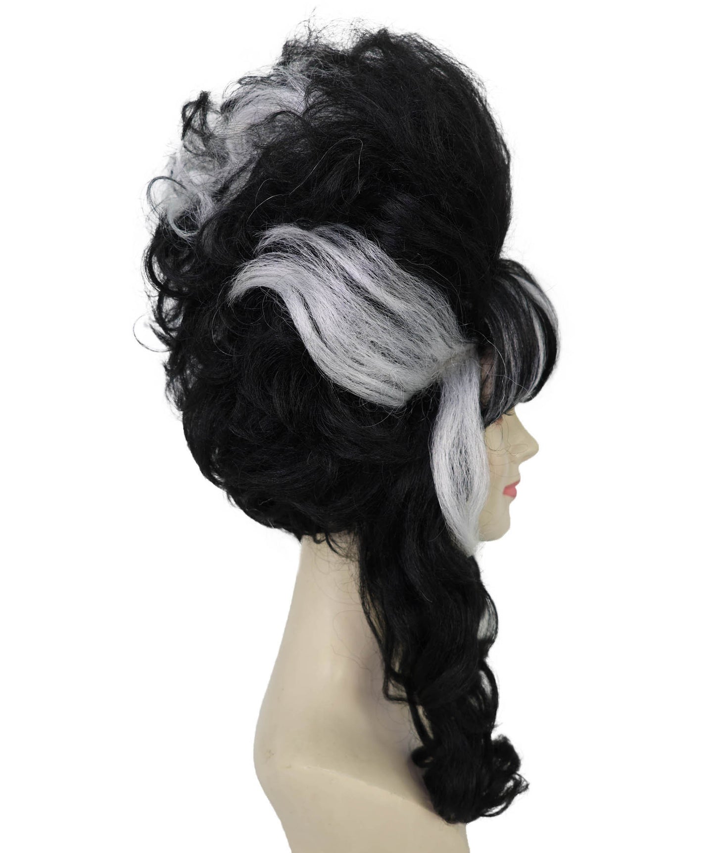 HPO Adult Frankenstein Beehive Wig for Women | Halloween Updo Wig with White Streaks | Black Synthetic Hair | Flame-Retardant | Capless Cap | Horror Bride Costume Wig