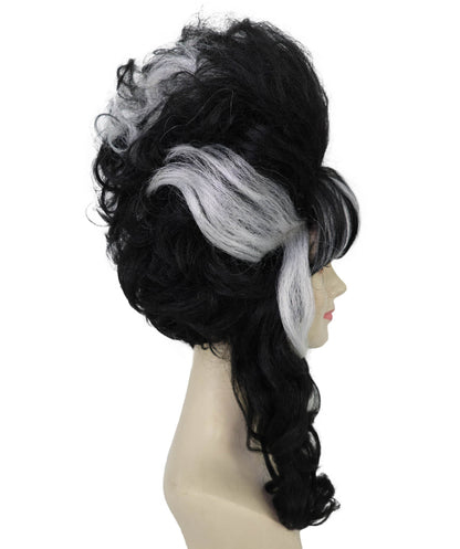 HPO Adult Frankenstein Beehive Wig for Women | Halloween Updo Wig with White Streaks | Black Synthetic Hair | Flame-Retardant | Capless Cap | Horror Bride Costume Wig