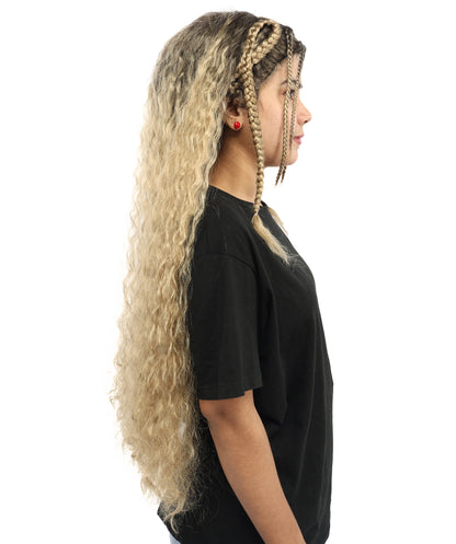 HPO Women's Extra Long Dark Brown & Ash Blonde Mixed Wig with Micro Braids | Loose Wavy Synthetic Hairpiece for Cosplay, Festivals, Stage Shows &  Parties