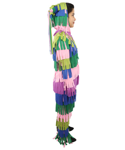 Bright Multicolored Pinata Jumpsuit Costume | Adult Funny Striped One-Piece with Fringe Details | Playful Outfit for Halloween, Cosplay, Parties & Festivals