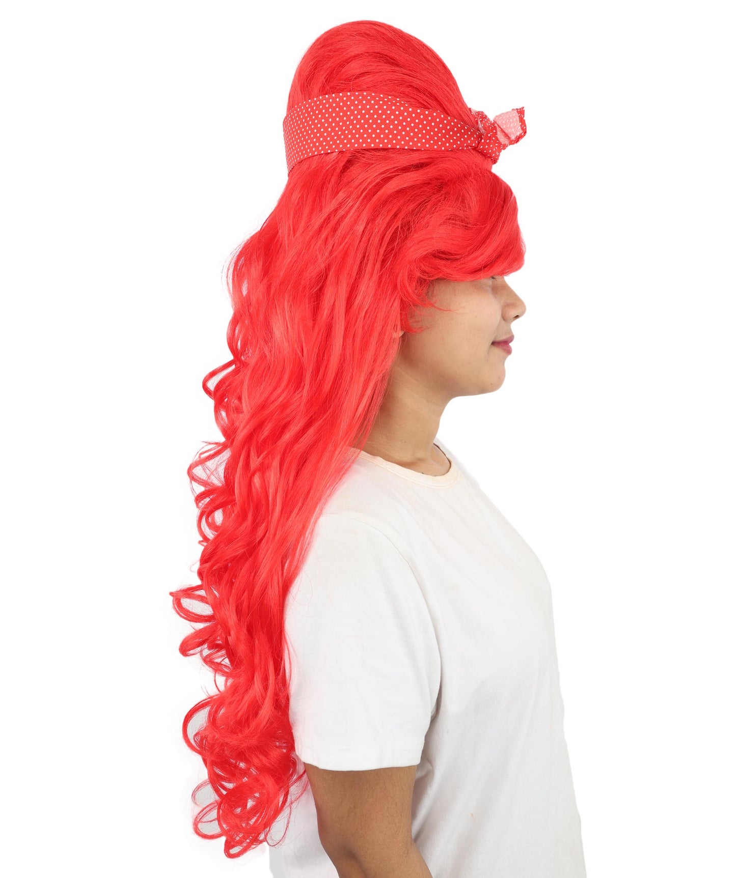 HPO Women’s Retro Beehive Wig with Red Bow | Multicolor Options | Extra Long Wavy Fancy Dress Accessory | Fancy Dress Accessory | Celebrity-Inspired Hair for Halloween, Cosplay & Music Tribute Parties