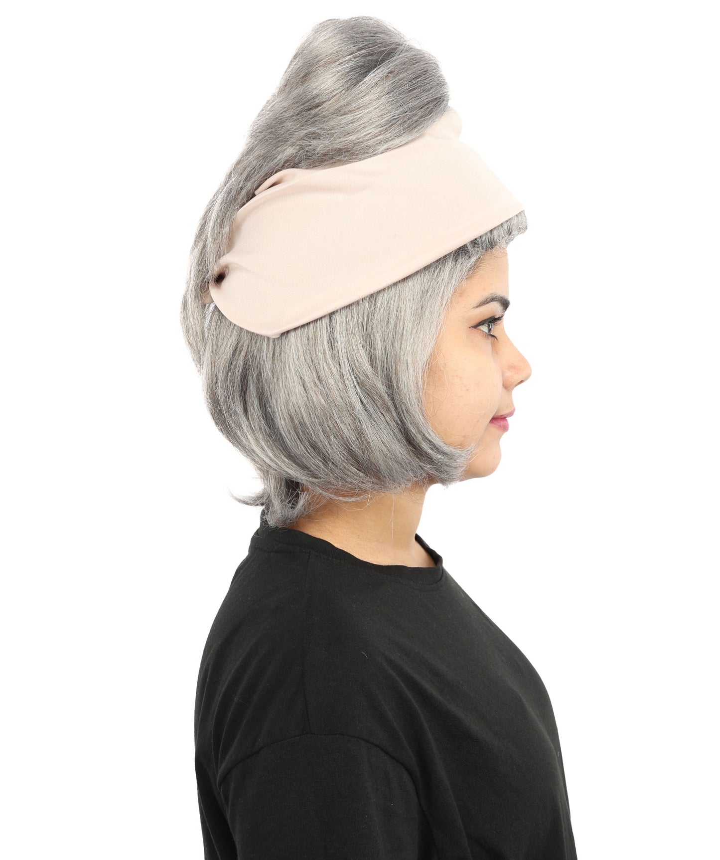 HPO Women’s 14” Grey Beehive Wig with Beige Headwrap | Capless Synthetic Hairpiece | Inspired Look for Halloween Cosplay and Party Events