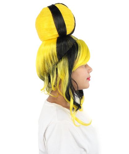 HPO Women's Two Tone High Bun Wig | Black and yellow synthetic fibers with tall structural top knot sweeping side bangs and capless base | Essential for theatrical stage drag performance costume events and party