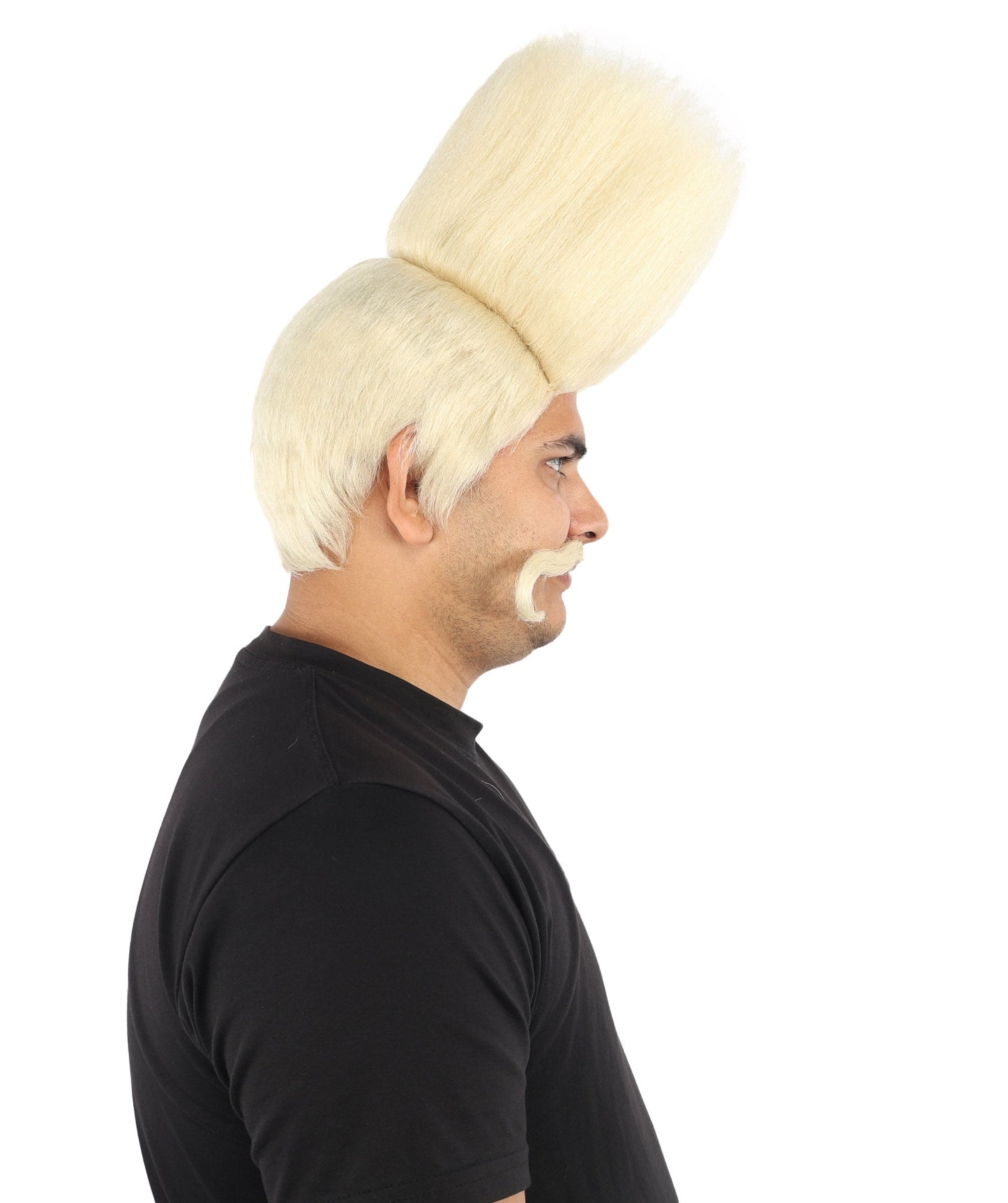 HPO Adult Men's Tall Flat Top Wig and Mustache | Vertical Dark Pompadour with Long Handlebar Facial Hair, Synthetic Fiber & Breathable Net | Halloween, Carnival, Stage Performance & Roleplay