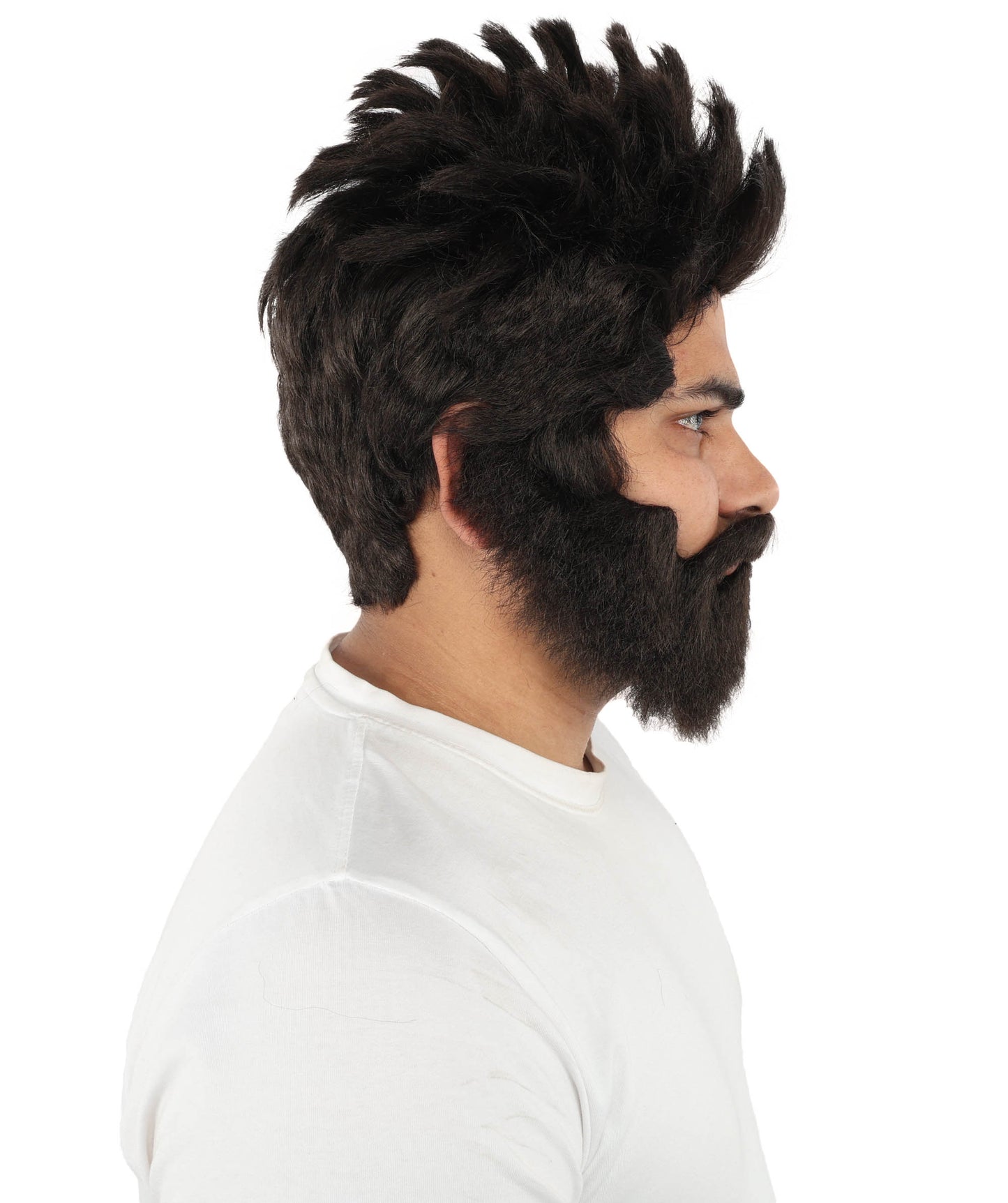 HPO Men’s Animated Genius Spiky Wig Beard & Mustache Set  – Wild Mad Scientist Pointed Beard & Curled Mustache Combo | Ideal for Animated Cosplay, Halloween Parties & Events