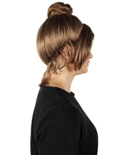 HPO Women’s Gothic Victorian-Style Brown Wig with Messy Bun and Curtain Bangs | Vintage-Inspired Character Wig | Suitable for Cosplay, Halloween, Theater & Costume Events