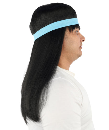 HPO Men's Long Auburn Wig with Headband | Straight Reddish Texture with Blunt Bangs & Included Teal Band, Heat Resistant Fiber | Halloween, Troll Roleplay, Fantasy Party, Carnival & Theater