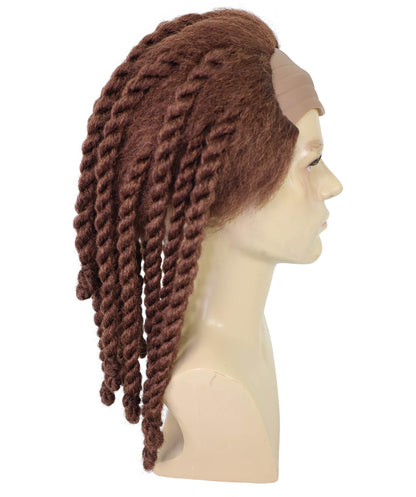 HPO Men’s Medium Length Brown Rapper Braided Wig | Halloween and Cosplay Wig | Flame-retardant Synthetic Fiber