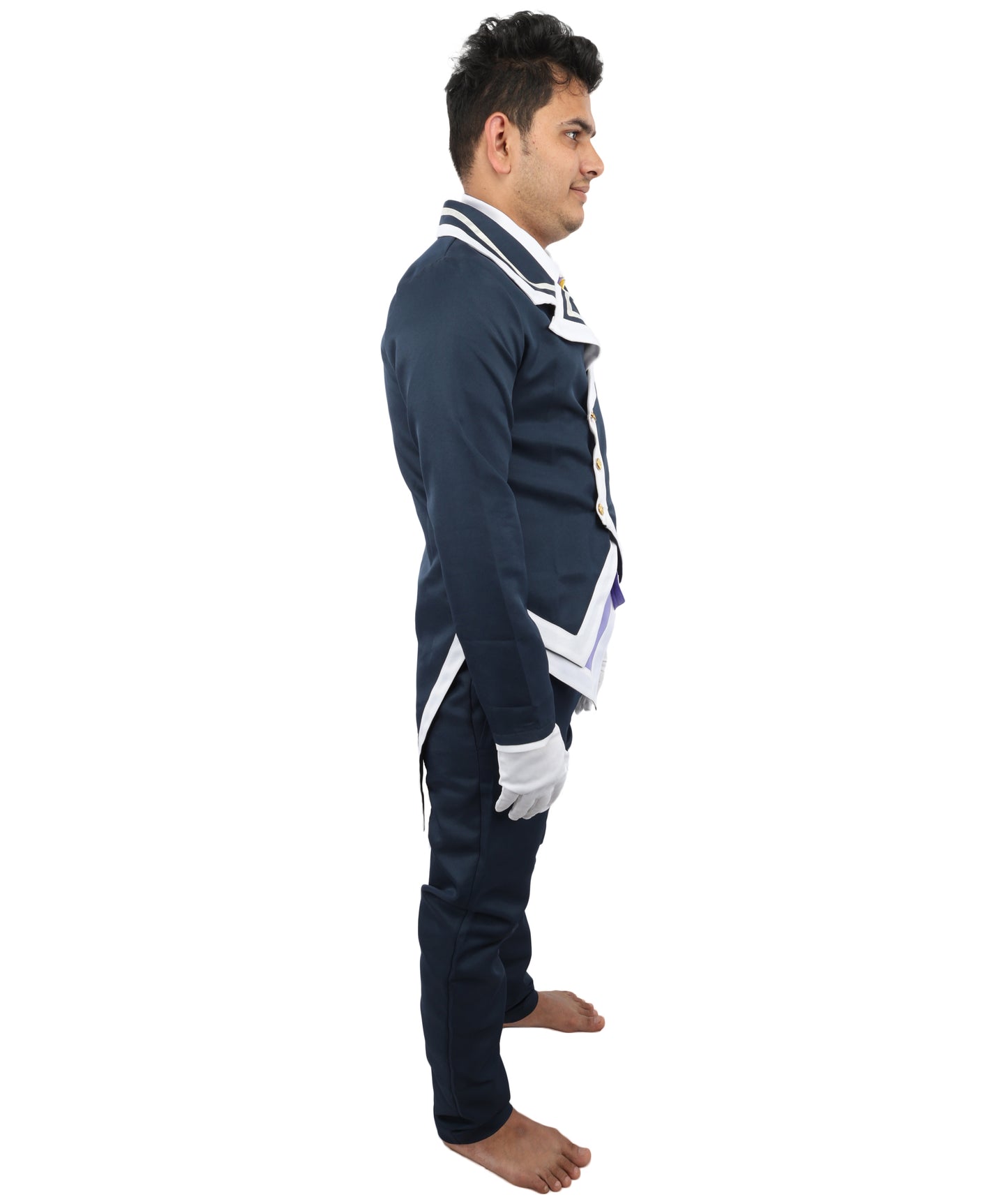 HPO Men's Noble Demon Duke Cosplay Navy Blue & White Suit | Includes Coat Pants Mock-Up Shirt Gloves | Crafted from Flame-retardant Synthetic Fabric | Adjustable Straps for Secure Fit