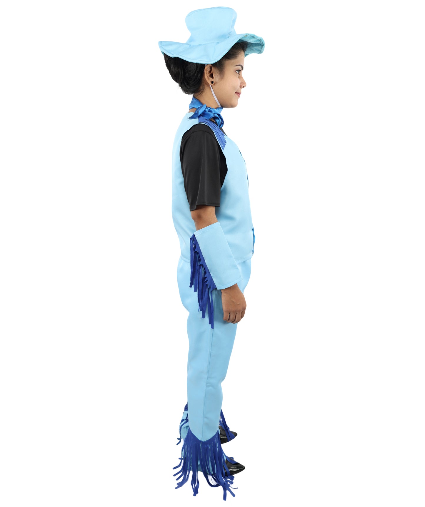 HPO Women's Western Cowgirl Costume – Blue & Black Rodeo Outfit with Hat, Vest, and Fringe Pants – Fashion wear for Party & Cosplay
