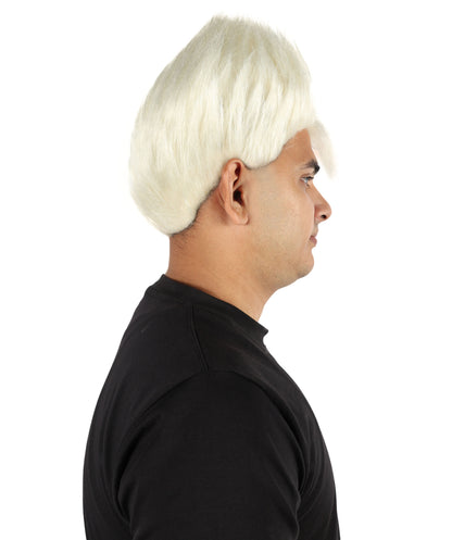 HPO Men's White Spiky Punk Wig | Medium Platinum Synthetic Hair with Adjustable Cap for Cosplay, Halloween, Stage Performances & Roleplay