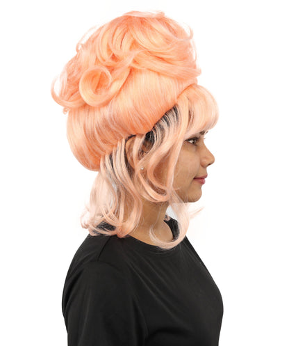 HPO Adult Women's Elegant Updo Tendril Wig | Multiple Color Options | Pastel peach hue, create of synthetic fiber, high teased volume with face-framing strands, breathable capless cap | Party, Halloween, theater, drag, performance, costume events