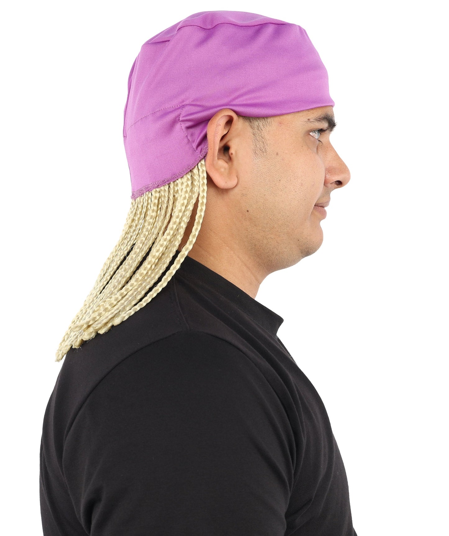 Men’s Movie Character Inspired Black Braided Wig with Purple Head Wrap Hat | Flame-retardant Synthetic Fiber | Ideal Hairpiece for Cosplay & Halloween