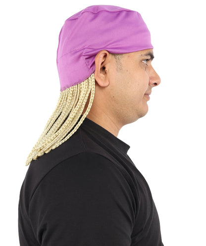 Men’s Movie Character Inspired Black Braided Wig with Purple Head Wrap Hat | Flame-retardant Synthetic Fiber | Ideal Hairpiece for Cosplay & Halloween
