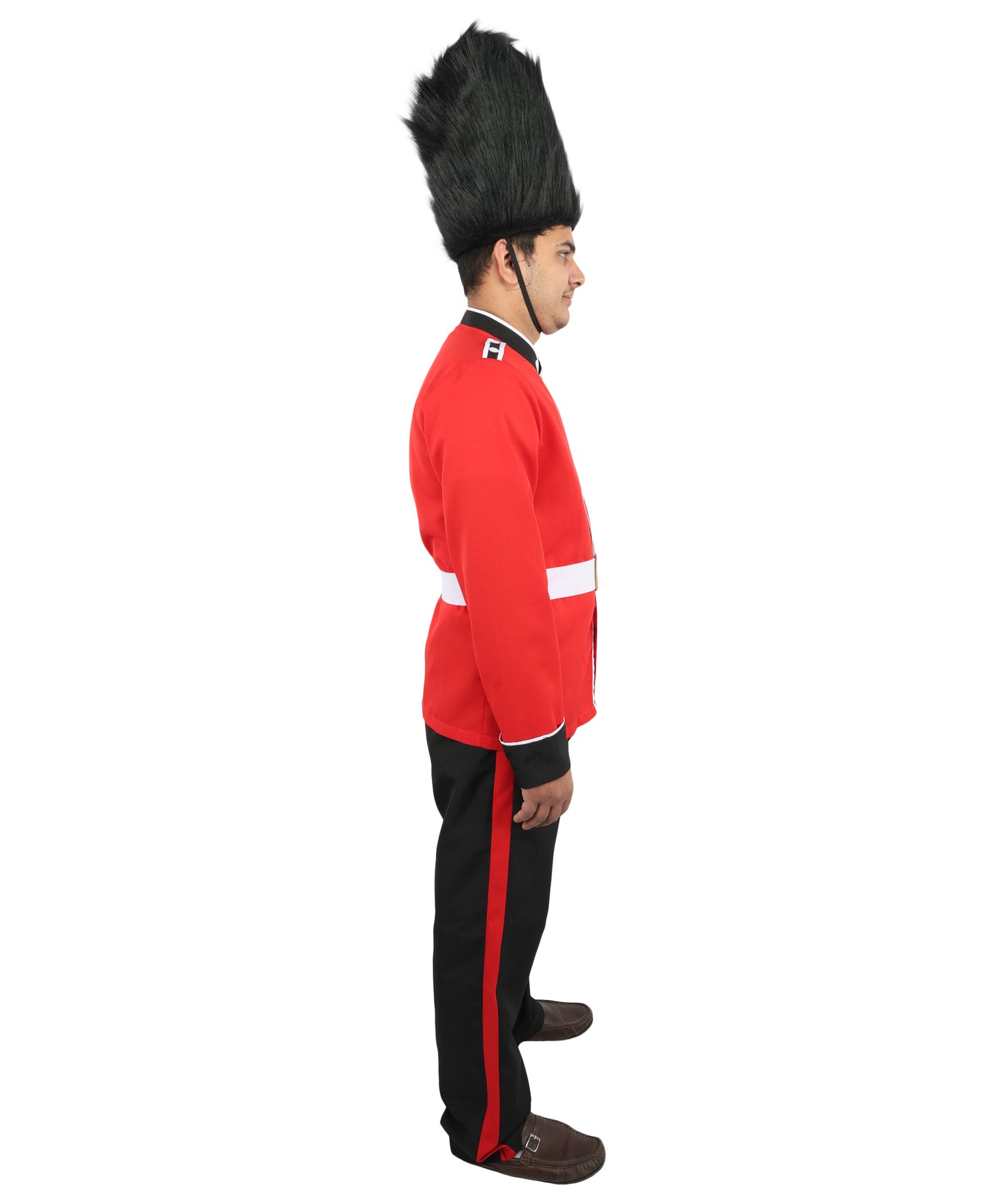 HPO Men’s Red Royal Guard Style Costume White Belt Black Pant & Cap– Palace Uniform Outfit with Gold Trim | Fancy Dress, Halloween Party & Cosplay Wear