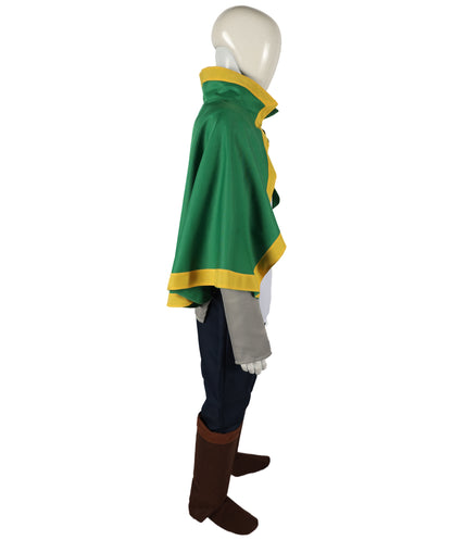 Fantasy Adventurer Roleplay Suit | Green and white uniform tricote construction featuring a koti capelet, body shirt, pants, belt, and leg socks | Ideal for party, Halloween, cosplay, theater, drag, performance, costume events