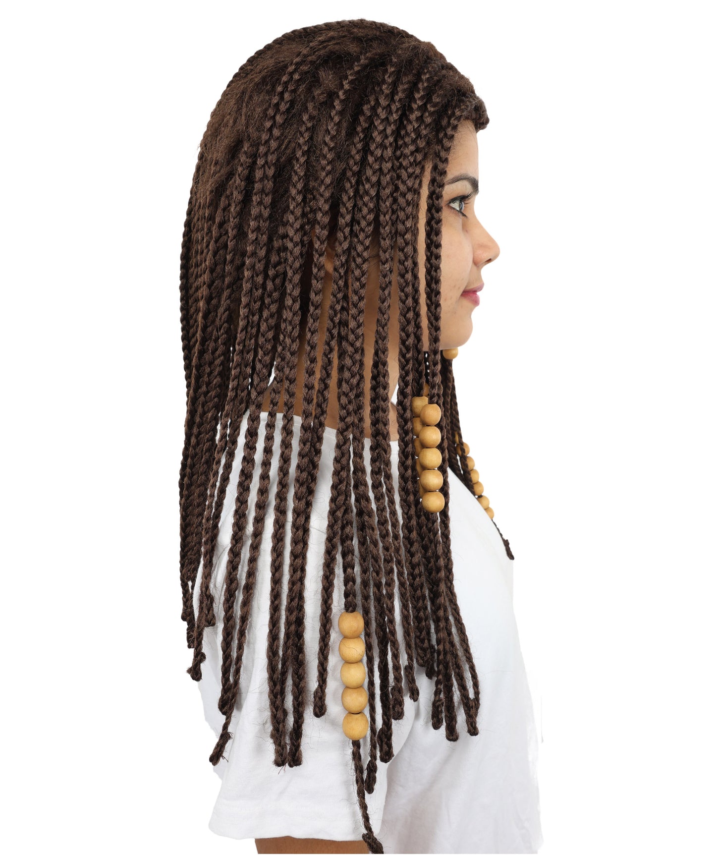 HPO Women's Fantasy Tribal Warrior Wig with Braids & Beads | Long Brown Synthetic Hairpiece with Adjustable Cap for Cosplay, Halloween & Roleplay