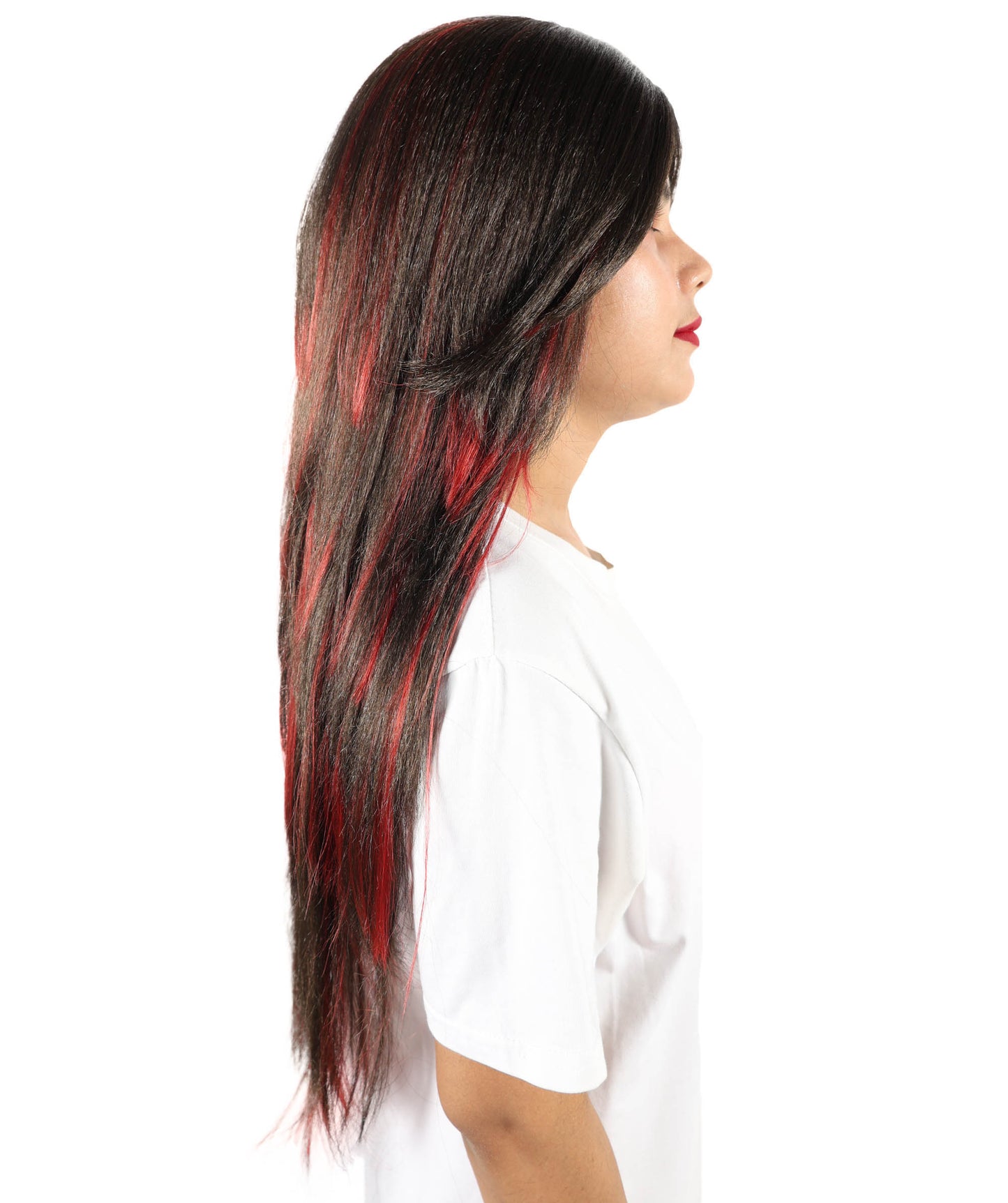HPO Women's Edgy Celebrity Roleplay Red & Brown Wig |Flame-resistant Fiber with a comfortable capless fit | Ideal for party, Halloween, cosplay, theater, drag, performance, costume events