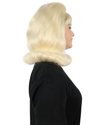 HPO Adult Woman 60's Flick-Up Blonde Wig – Retro Flipped Bob for Vintage & Costume Parties,Premium Breathable Capless Cap with Flame Retardant Synthetic Fiber Hair