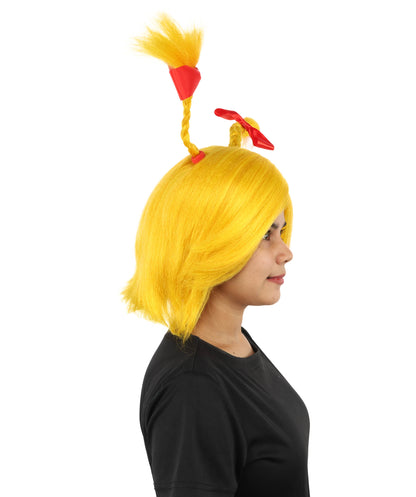 HPO Women's Triple Antenna Bow Wig | Yellow synthetic fibers with structural upright braids red ribbons and capless base | Essential for theatrical stage drag performance costume events and party