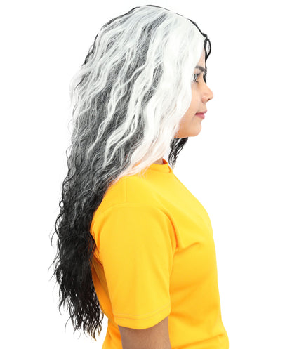 HPO Women’s Long Black and White Gothic Wig – 26 Inch Extra Long Wavy Two-Tone Hairpiece | Ideal for Halloween, Costume Parties & Themed Events