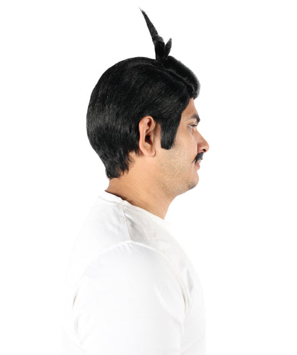 HPO Men's Western Outlaw Black Wig & Mustache Set | Short Black Synthetic Hairpiece with Matching Facial Hair | Ideal for Costume Parties & Roleplay