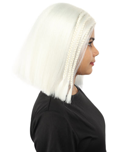 HPO Celebrity-Style 11 Inch Green Rooted Blonde Front Braided Straight Wig | Shoulder-Length Fun, Bold, and Stylish Hairpiece  | Ideal for Halloween, Cosplay, and Themed Parties