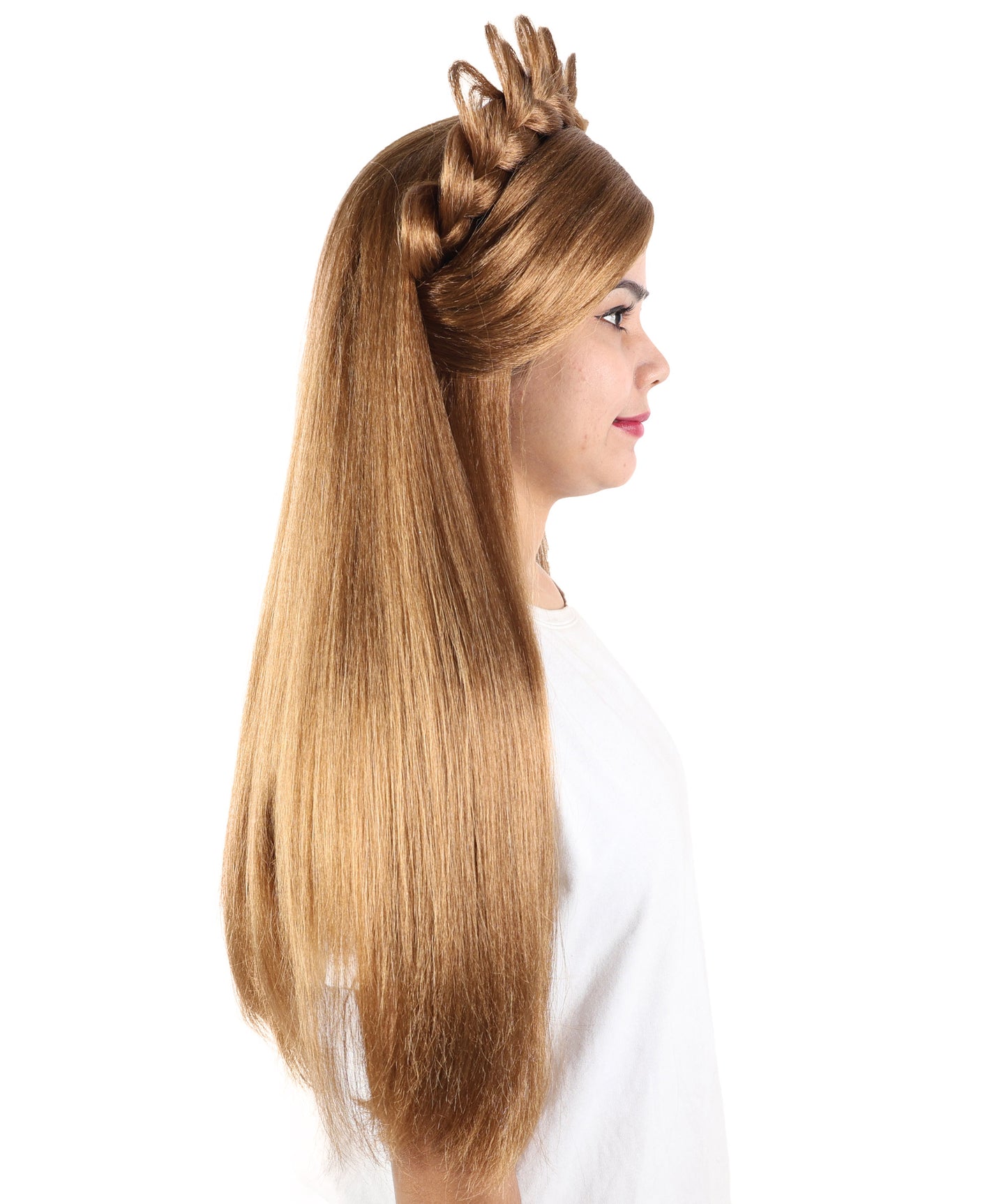 HPO Women’s Extra Long Brown Wig with Loop Crown Headpiece | 27 Inch Straight Synthetic Hair with Decorative Loops for Halloween and Cosplay | Capless Cap Design