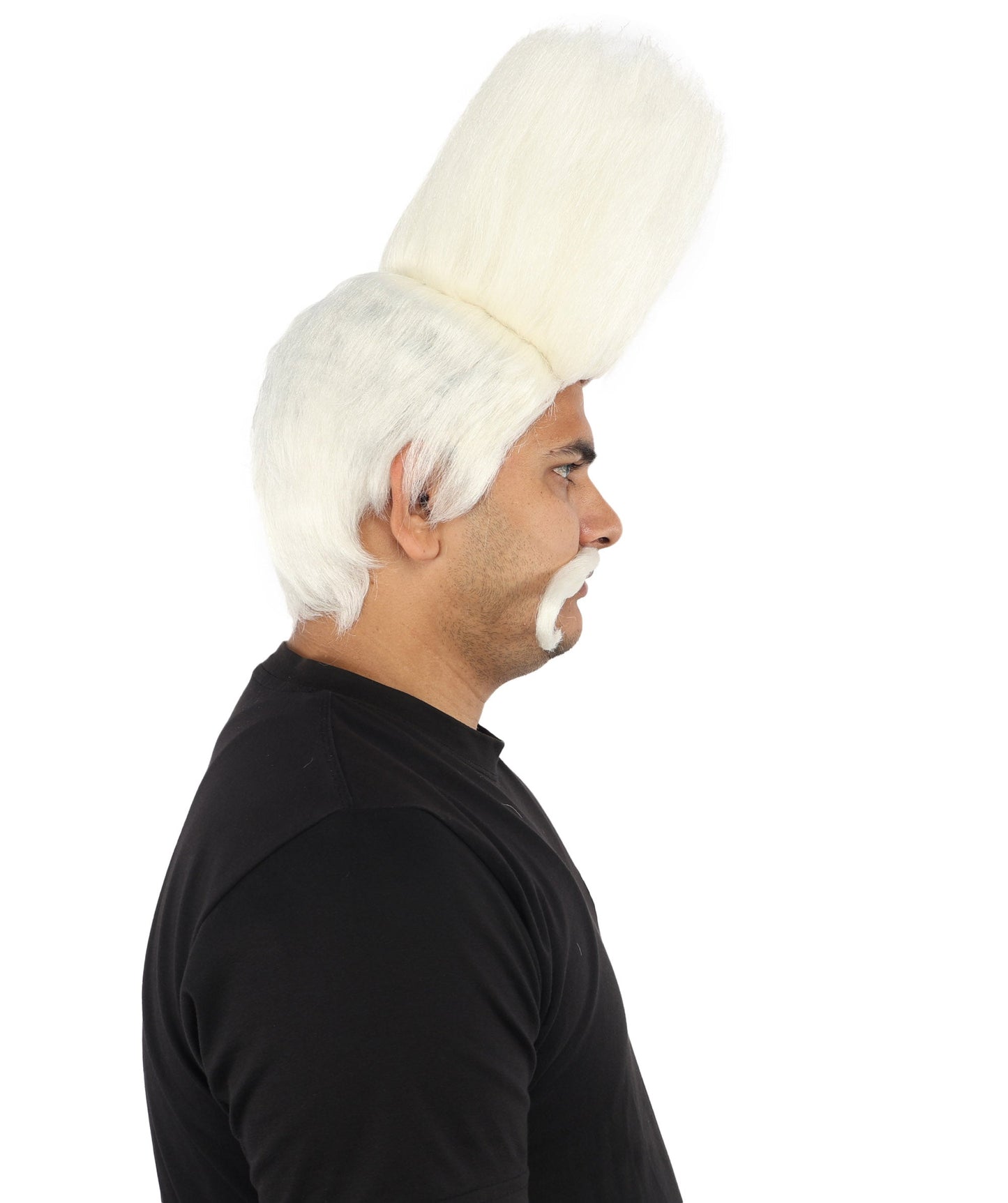 HPO Adult Men's Tall Flat Top Wig and Mustache | Vertical Dark Pompadour with Long Handlebar Facial Hair, Synthetic Fiber & Breathable Net | Halloween, Carnival, Stage Performance & Roleplay