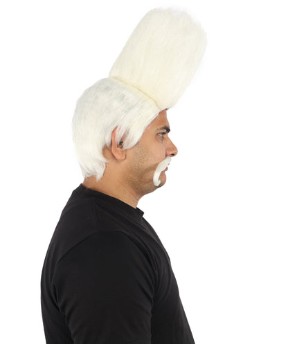 HPO Adult Men's Tall Flat Top Wig and Mustache | Vertical Dark Pompadour with Long Handlebar Facial Hair, Synthetic Fiber & Breathable Net | Halloween, Carnival, Stage Performance & Roleplay