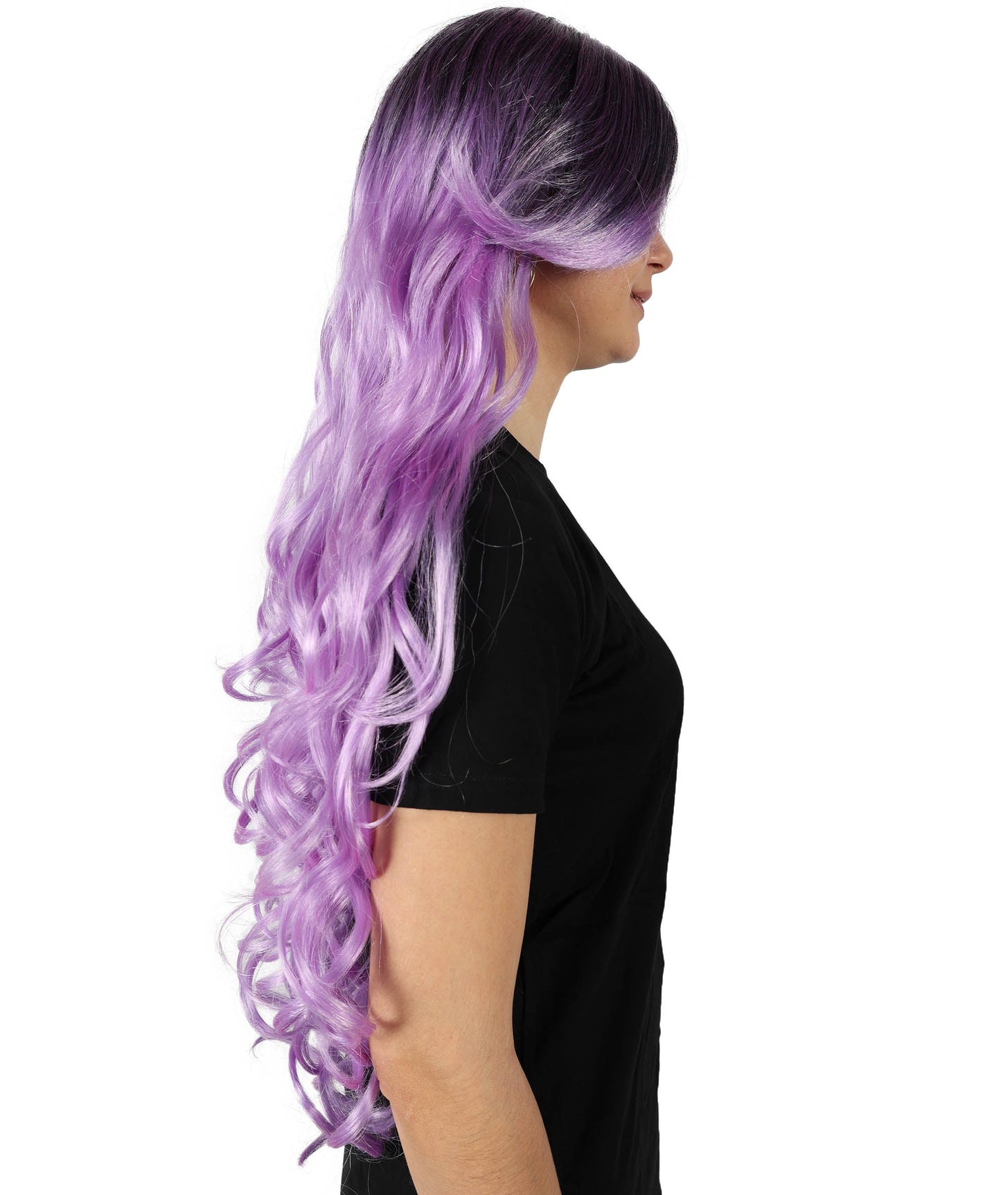 HPO Adult Women's Extra Long Curly Black & Purple Glamour Gothic Wig | Halloween and Cosplay Wig | Flame-retardant Synthetic Fiber |