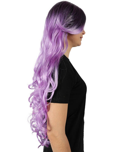 HPO Adult Women's Extra Long Curly Black & Purple Glamour Gothic Wig | Halloween and Cosplay Wig | Flame-retardant Synthetic Fiber |