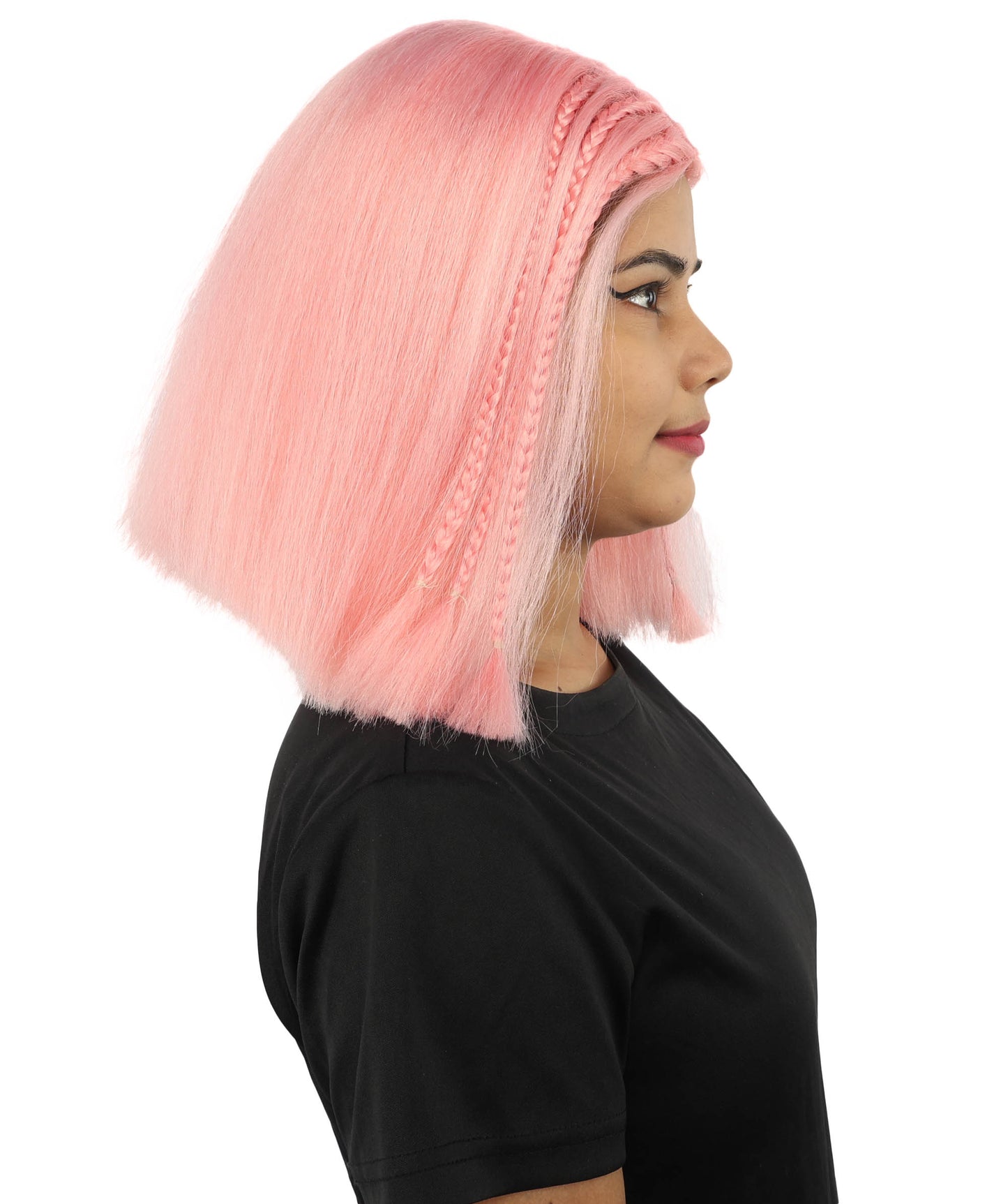 HPO Celebrity-Style 11 Inch Green Rooted Blonde Front Braided Straight Wig | Shoulder-Length Fun, Bold, and Stylish Hairpiece  | Ideal for Halloween, Cosplay, and Themed Parties