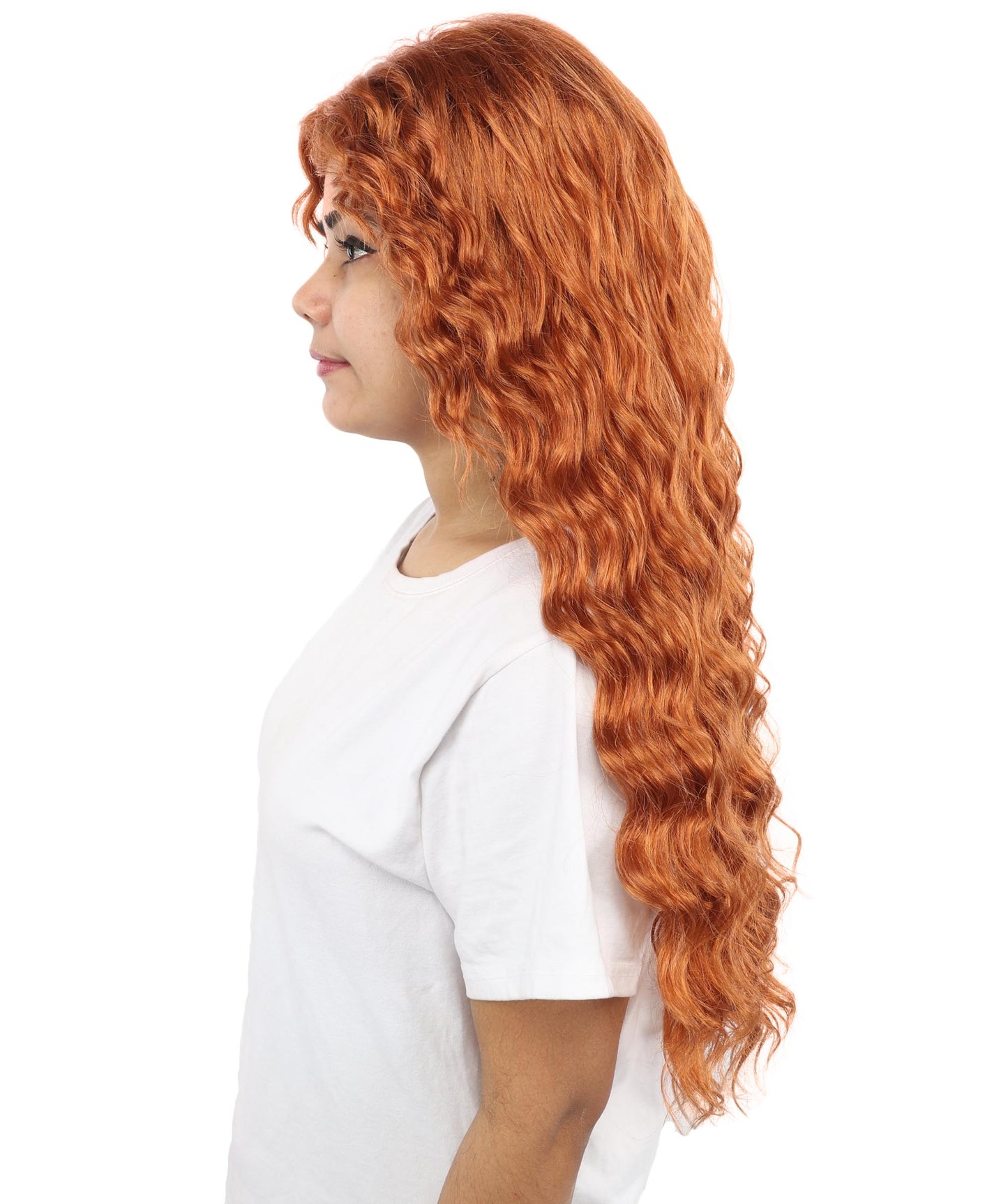 HPO Women's Long Deep Wave Wig | 28 Inch Copper Red Crimped Texture Synthetic Fiber | Party Halloween Cosplay Theater Drag Performance Costume Events