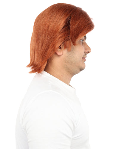 HPO Men’s Flame Radish Brown Short Wig with Side Fringe – 11” Auburn Synthetic Hair | Lightweight Capless Wig for Halloween, Cosplay, Stage & Dress-Up Events