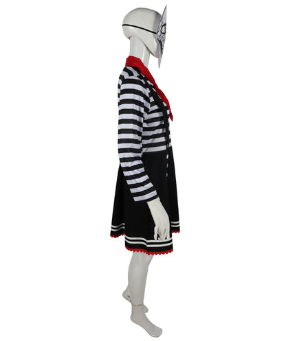 HPO Adult Women Mime Costume for Women | Black & White Striped Dress with Mask, Gloves & Tie Dress | Parisian Street Performer Outfit for Halloween, Cosplay & Theater