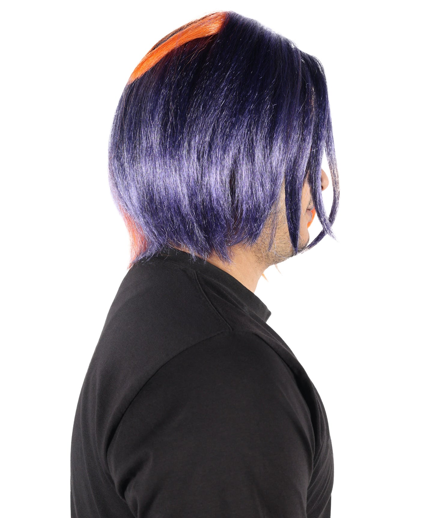 HPO Men's 12 Inch Short Orange and Dark Blue Straight Wig | Flame-Resistant Capless Hairpiece | Lightweight Capless Design for Halloween and Party
