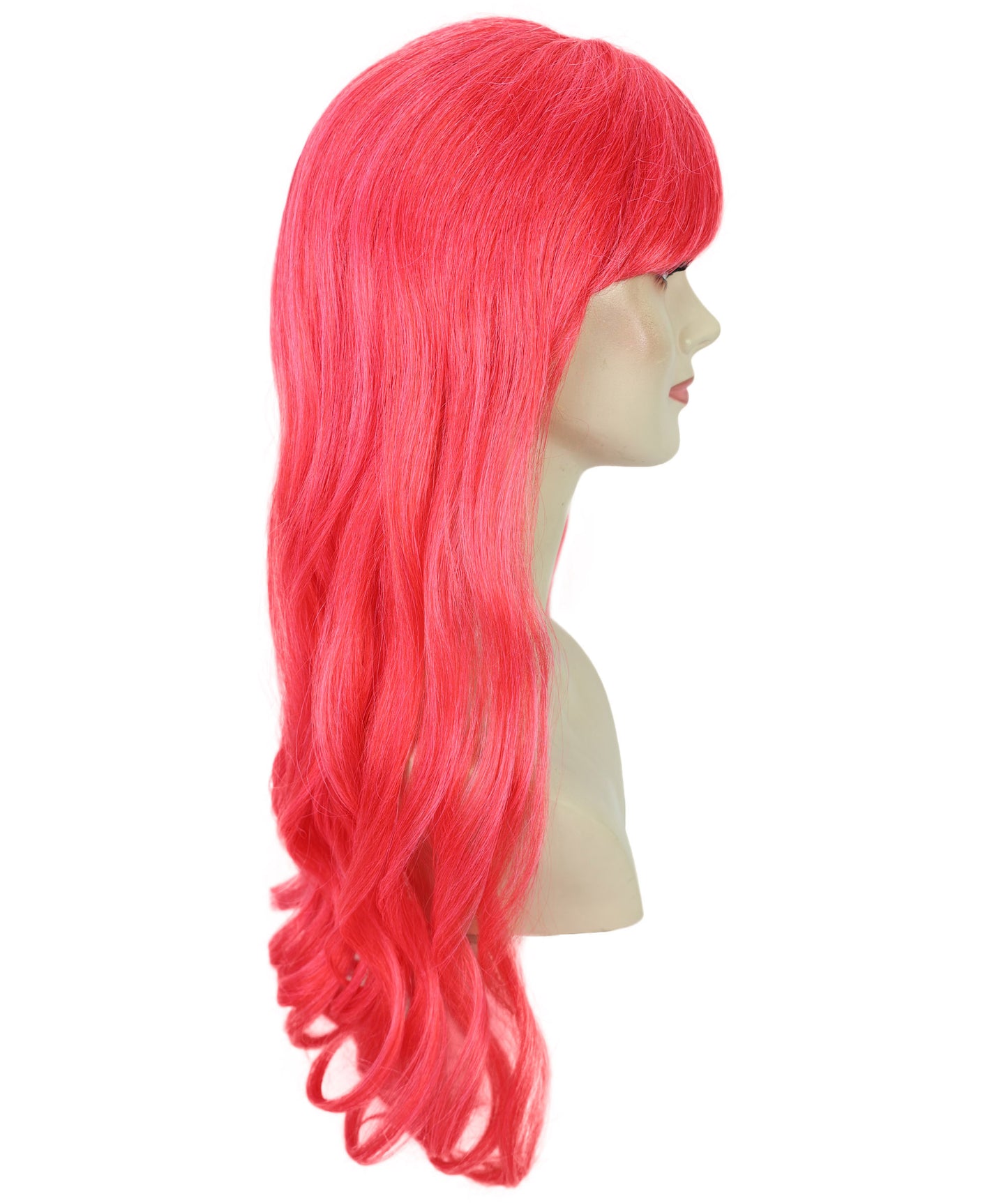 HPO Women's Red Long Wavy Desire Wig with Front Bangs | Halloween and Party Wig | Flame-retardant Synthetic Fiber  |  Premium Breathable Capless Cap