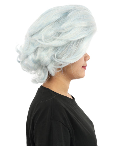 Vintage Wavy Silver Blue Wig | 12 Inch Voluminous Swept Back Curls Retro Texture | Party Halloween Cosplay Theater Drag Performance Costume Events