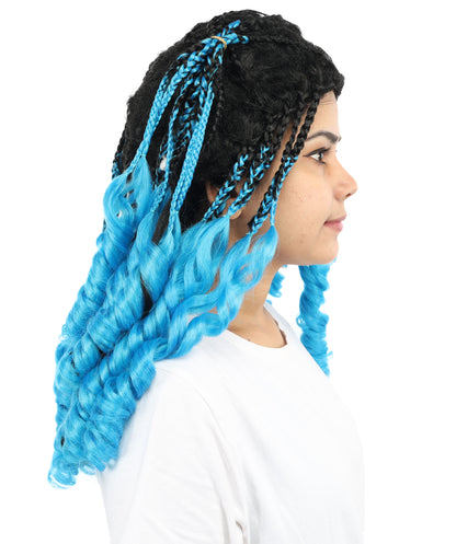 HPO Women’s Long Ombre Blue & Black Braided Wig | Gradient Synthetic Braids for Cosplay & Halloween | Lightweight Capless Cap Design