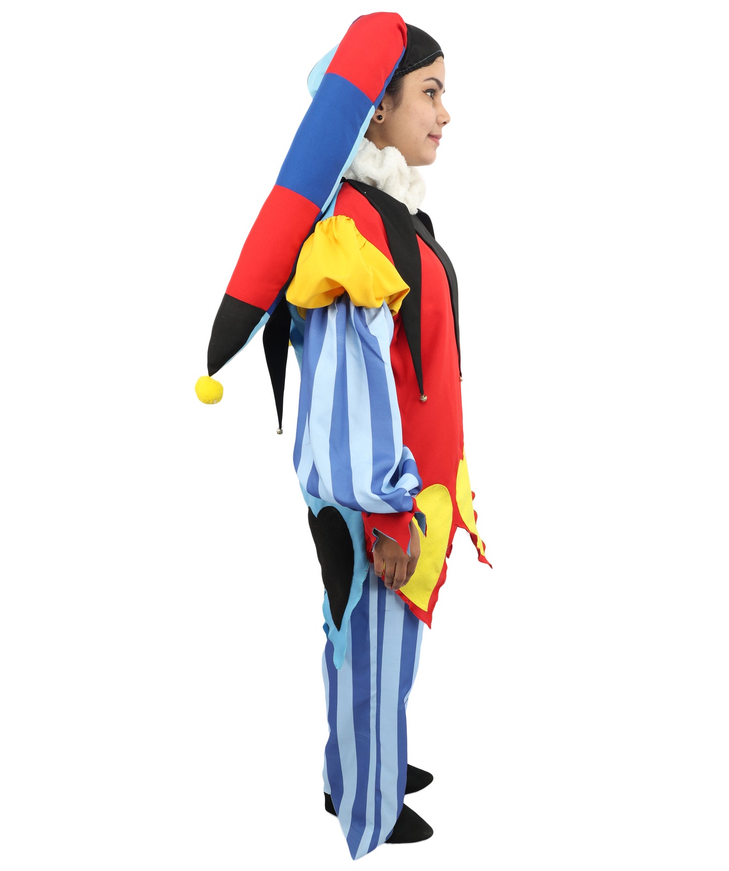 HPO Women's Harlequin Jester Costume | Multi-Pattern Ronior and Uniform Fabric Construction with Horned Cap and Drawcord | Ideal for Halloween, Drag, Theater, and Themed Performance Events