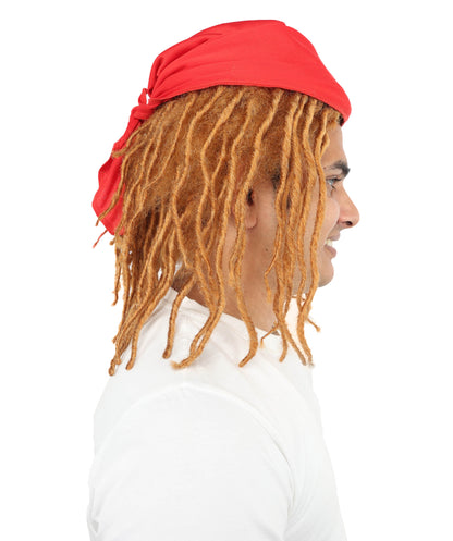 HPO Men's 14 Inch Brown Dreadlock Wig with Red Bandana | Flame-retardant Synthetic Fiber | Lightweight Capless Design for Halloween and Cosplay