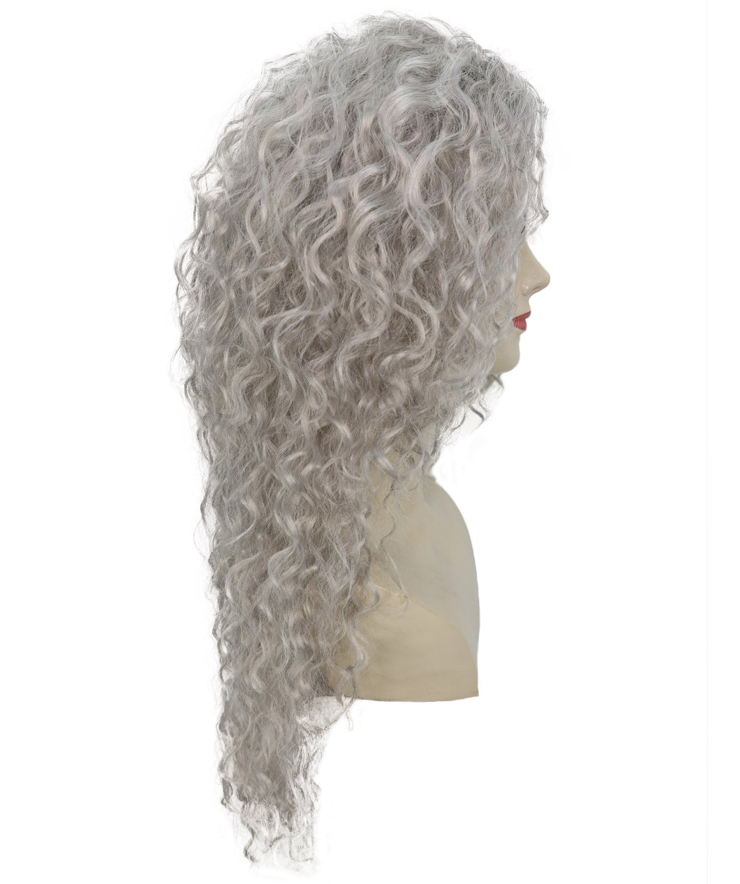 HPO Women’s 27 Inch Long Curly Silver Grey Mermaid Wig | Fantasy Wig for Halloween Parties Breathable Cap